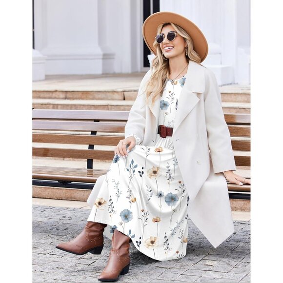 Zeagoo Women White Floral Long Sleeve Flowy A-Line Boho Long Dress with Pockets - Picture 5 of 6